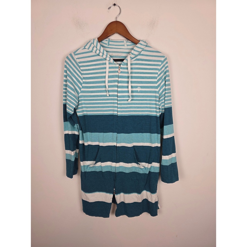 Coolibar Cabana Hoodie Womens Small Teal Blue Striped UPF 50+ Sun Zip Jacket